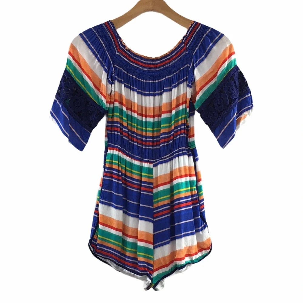 Plenty By Tracy Reese Anthro Striped Tuscan Romper Womens XS Off The Shoulder